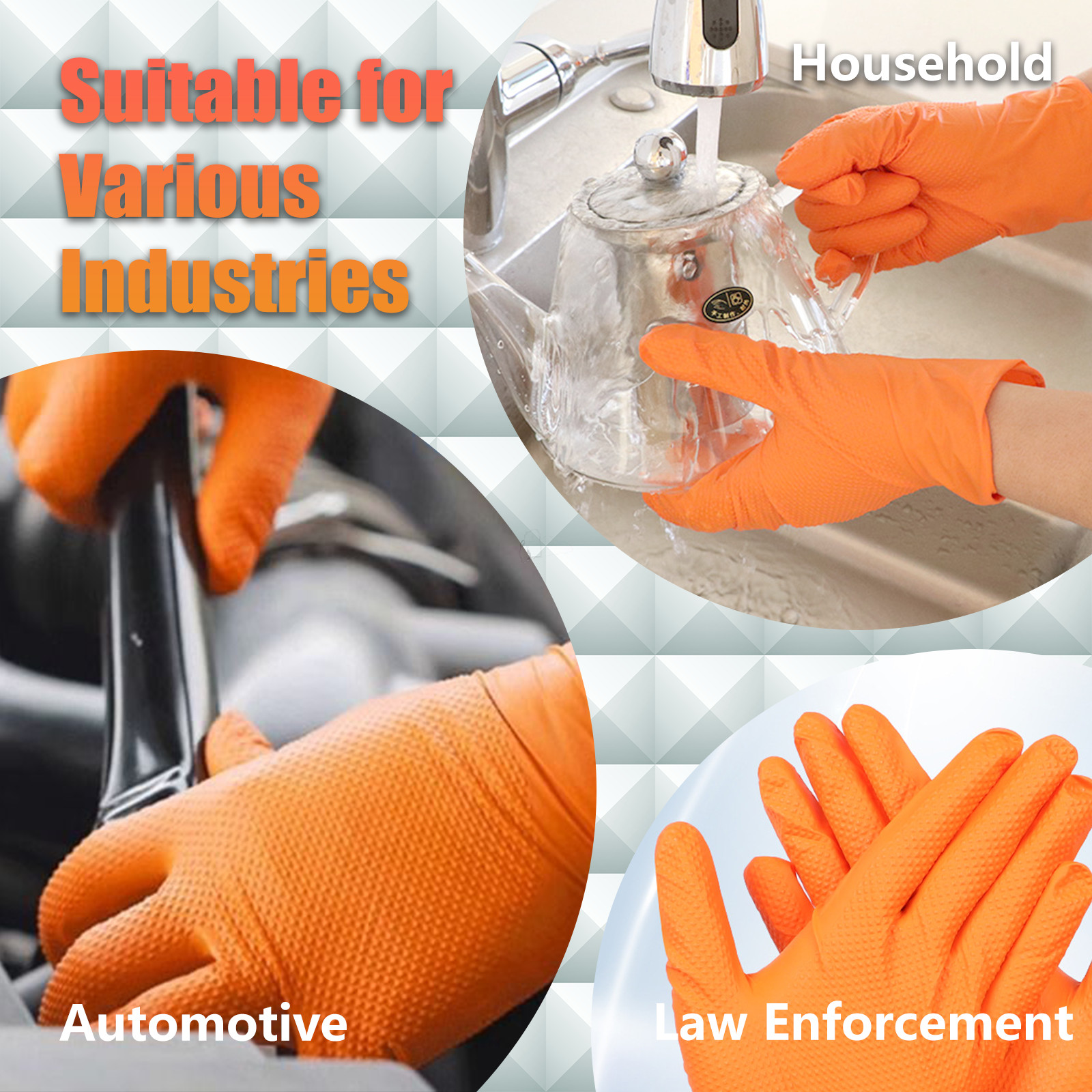 100Pcs 8Mil Heavy Duty Nitrile Gloves, Diamond Grip, Orange Latex &Powder Free