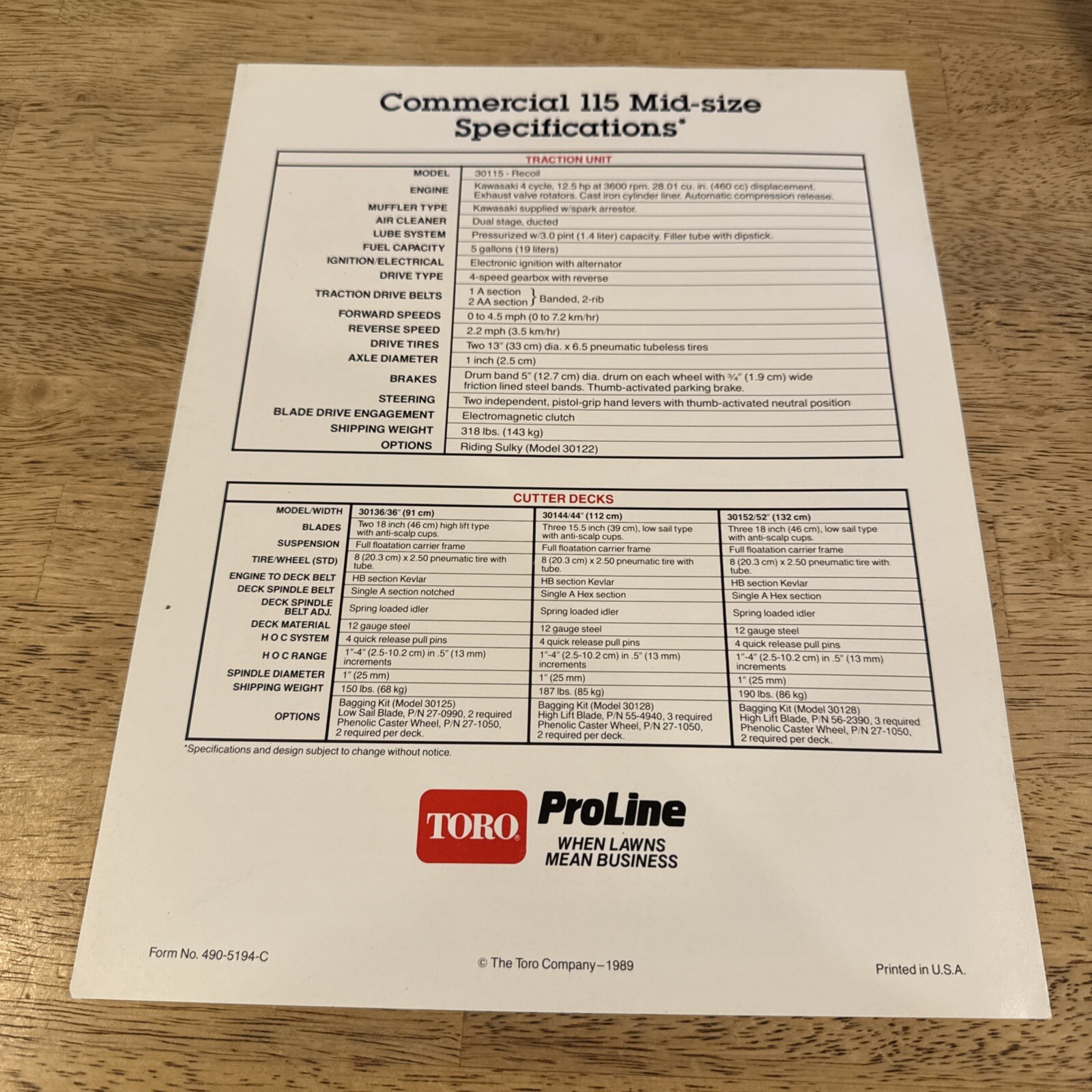 1989 Toro Proline Commercial 115 Mid Size Walk Behind Mower Specifications Sheet