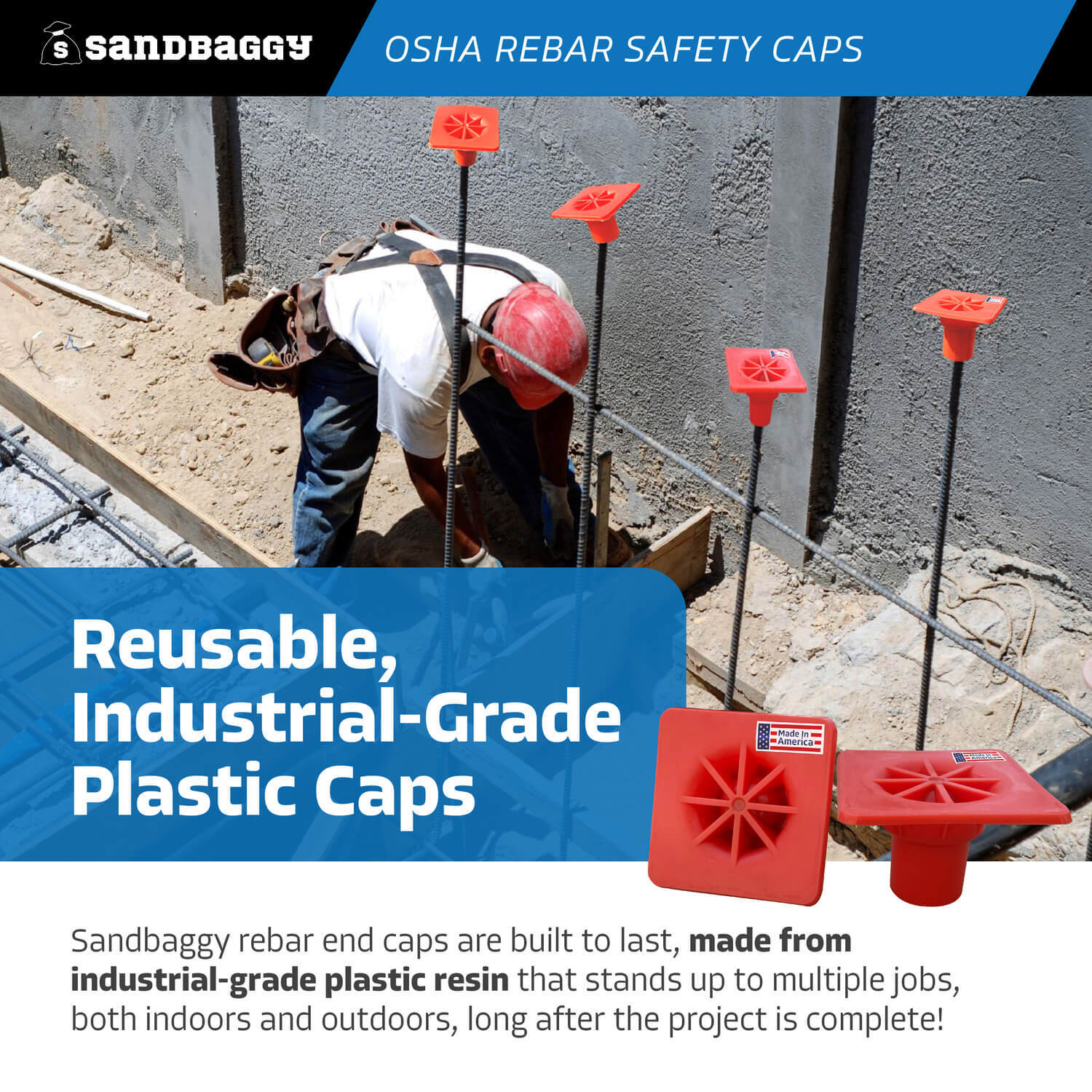 Sandbaggy OSHA Rebar Safety Caps (Impalement Protection) | Rebar #3-8 [USA Made]
