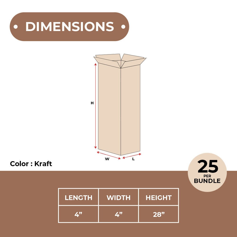 4 x 4 x 28 Corrugated Boxes ECT-32 Pack of 25