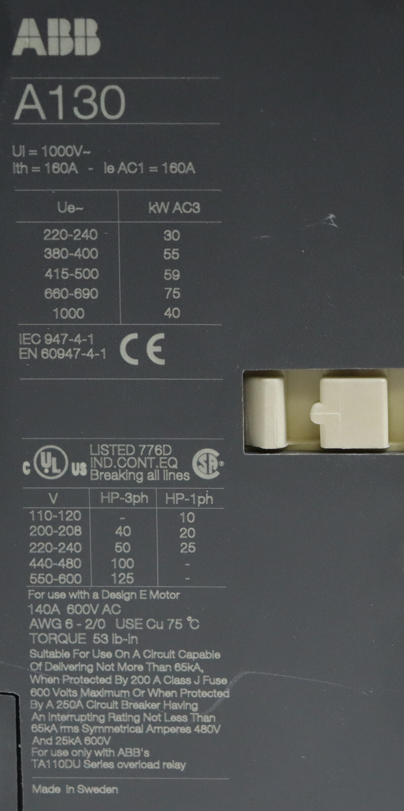 Powerware 9330 ABB A130 160A 600V 3Ph 3 Pole Contactor