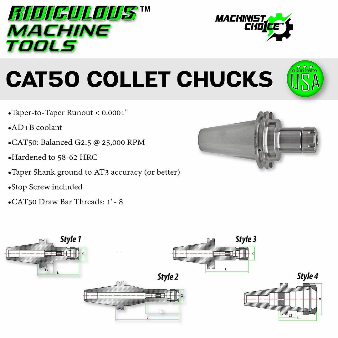 High Quality CAT50 ER20 Collet Chuck x 2.5″ G2.5 at 25,000 RPM (0.0001 T.I.R.)
