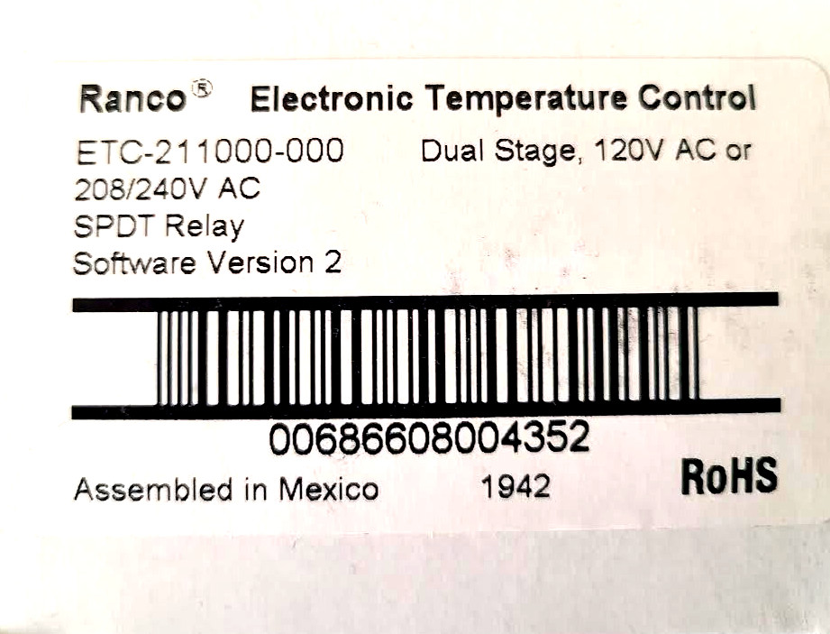 Ranco ETC-211100-000 Electronic Temperature Control, Open/Close On Rise, Spdt