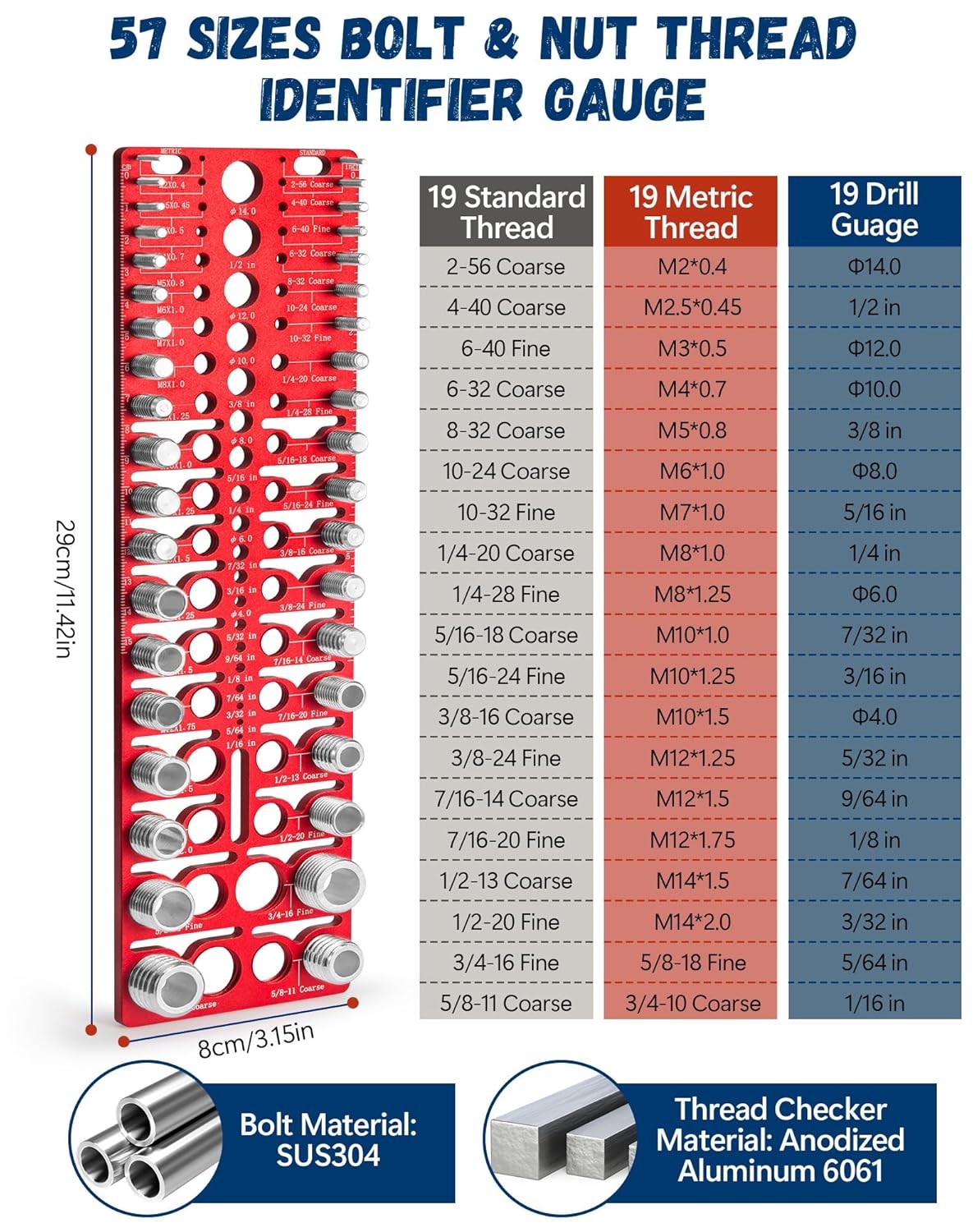 55 Nut and Bolt Thread Checker Thread Checker Standard and Metric Bolt…