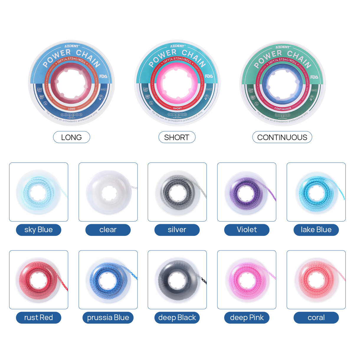AZDENT Dental Orthodontic Colored Elastic Power Chain Long Short Continuous