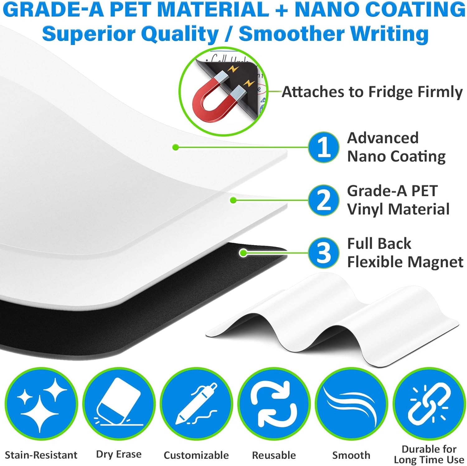 YES4QUALITY Magnetic Dry Erase White Board Sheet for Fridge 12X8 In, with Stain