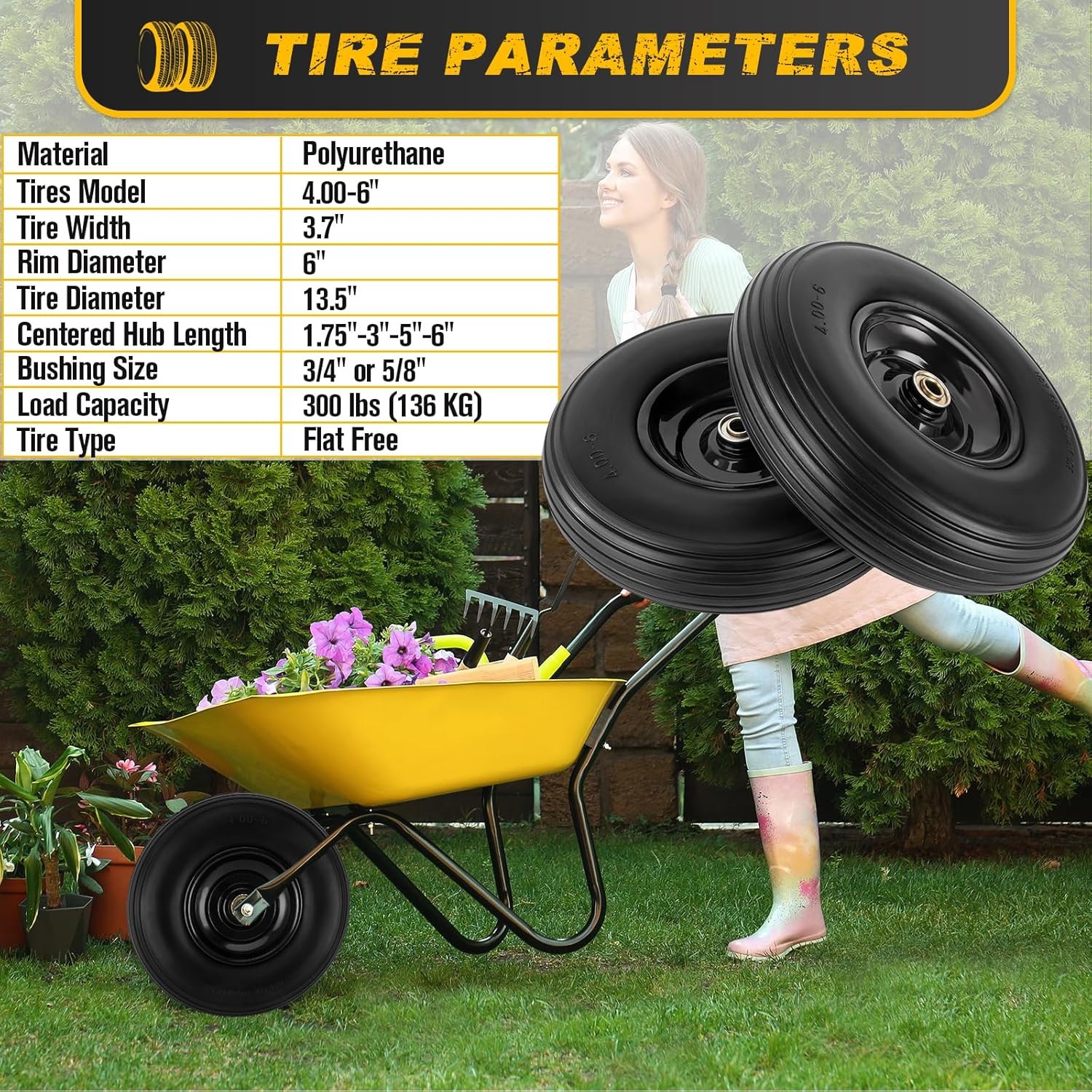 4.00-6 Flat-free Tire and Wheel, 13″ Wheelbarrow Wheels 13.5 inches, Black
