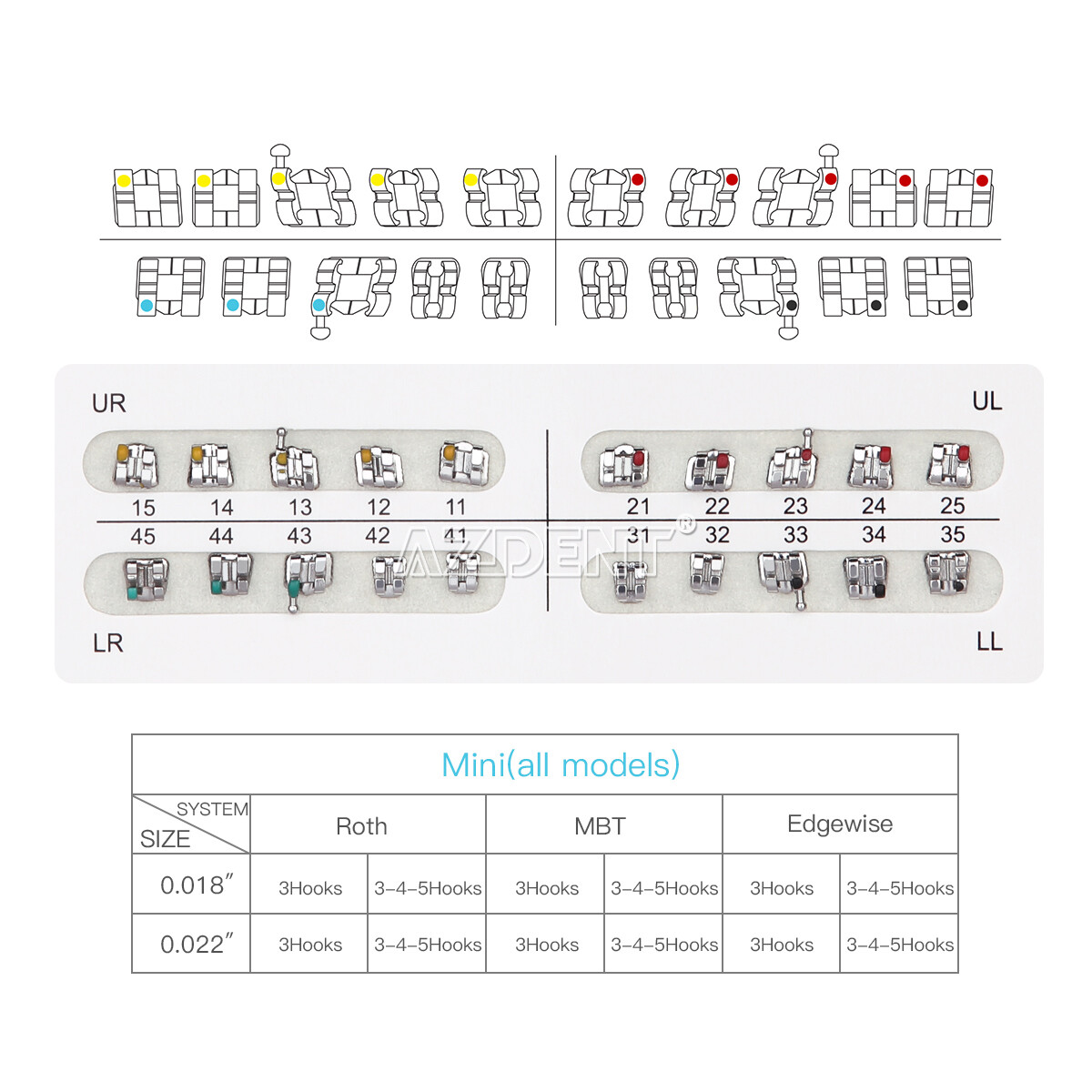 USA AZDENT Dental Orthodontic Brackets Braces Mini Roth Slot 018/022 Hooks 3/345