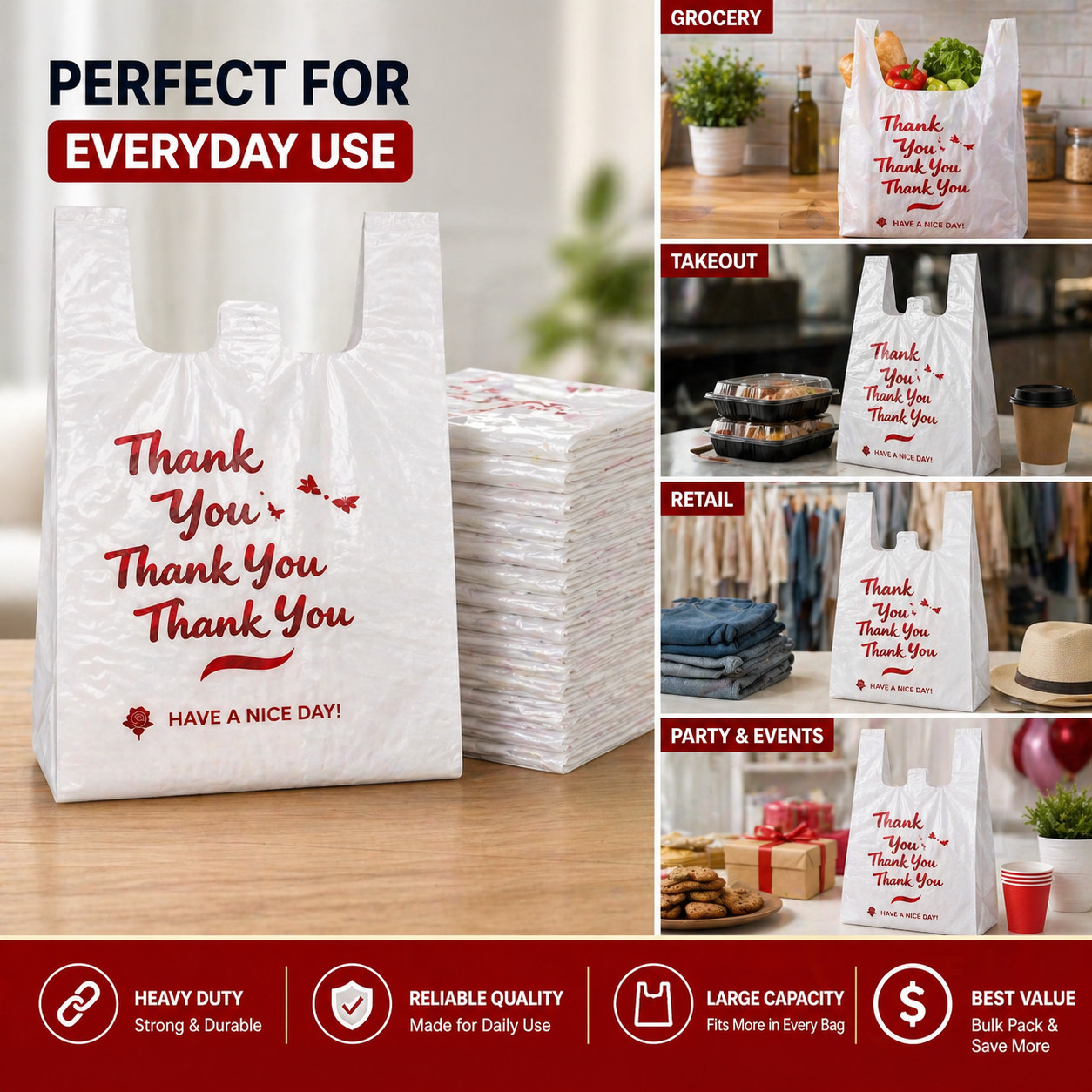 Thank You Plastic Bags 1000 Count Large 11.5×6.5×21 Heavy Duty T-Shirt Bags Bulk