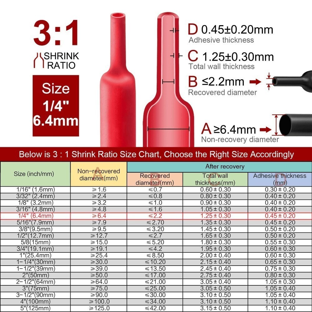 20ft 3:1 Ratio Heat Shrink Tubing Dual Wall Adhesive Glue Lined Φ1/4″ (6.4mm) US