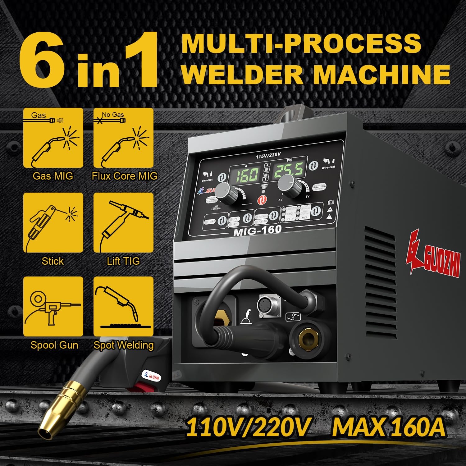 160A MIG Welder 110V/220V 6in1 Stick Gas/Gasless Flux Core Lift TIG US