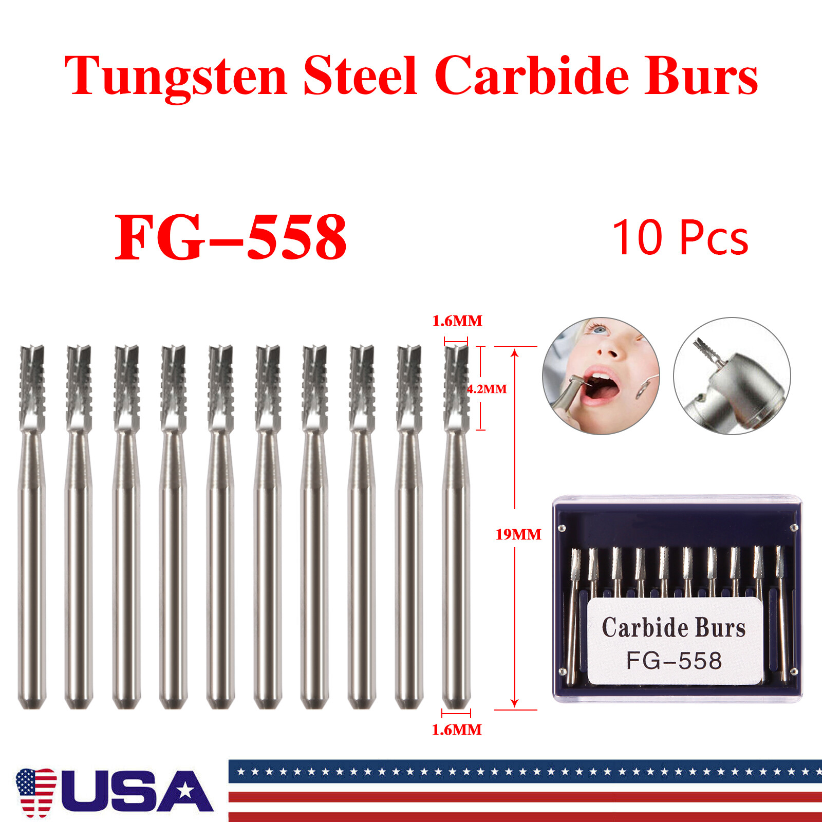 Dental Midwest FG #558 Straight Fissure Crosscut Carbide Burs 10-100Pk