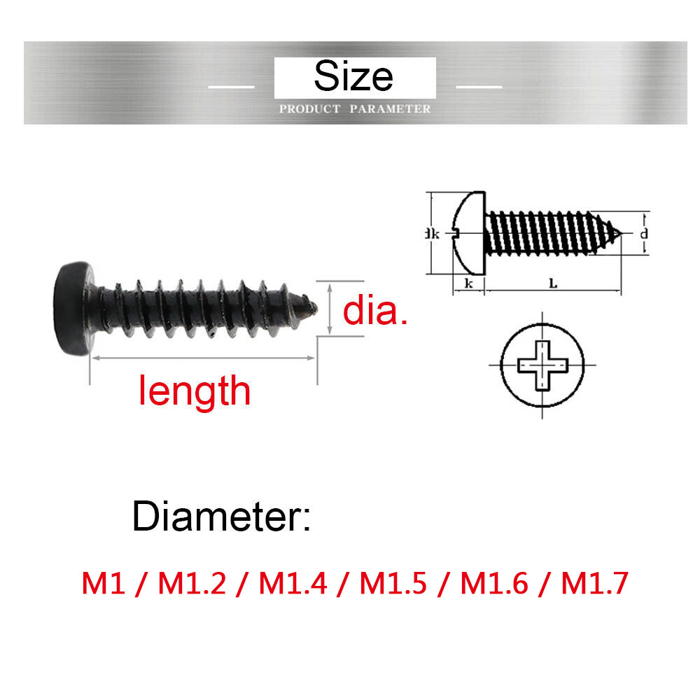 Black Small Self Tapping Screws Phillips Pan Head M1 M1.2 M1.4 M1.5 M1.6 M1.7 M2