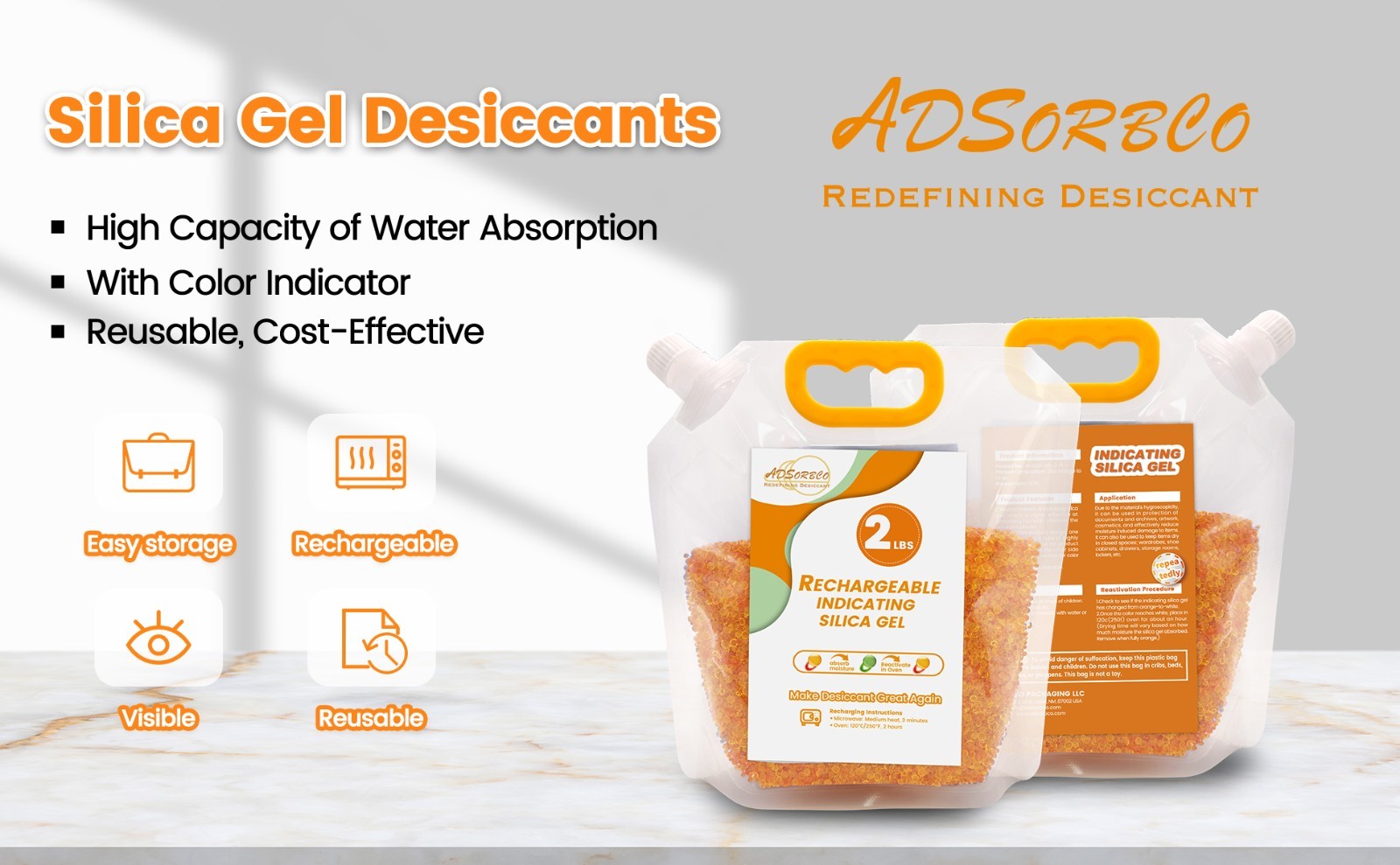 2 LBS Adsorbco Desiccant Beads with a Hook and Loop Canvas Bags