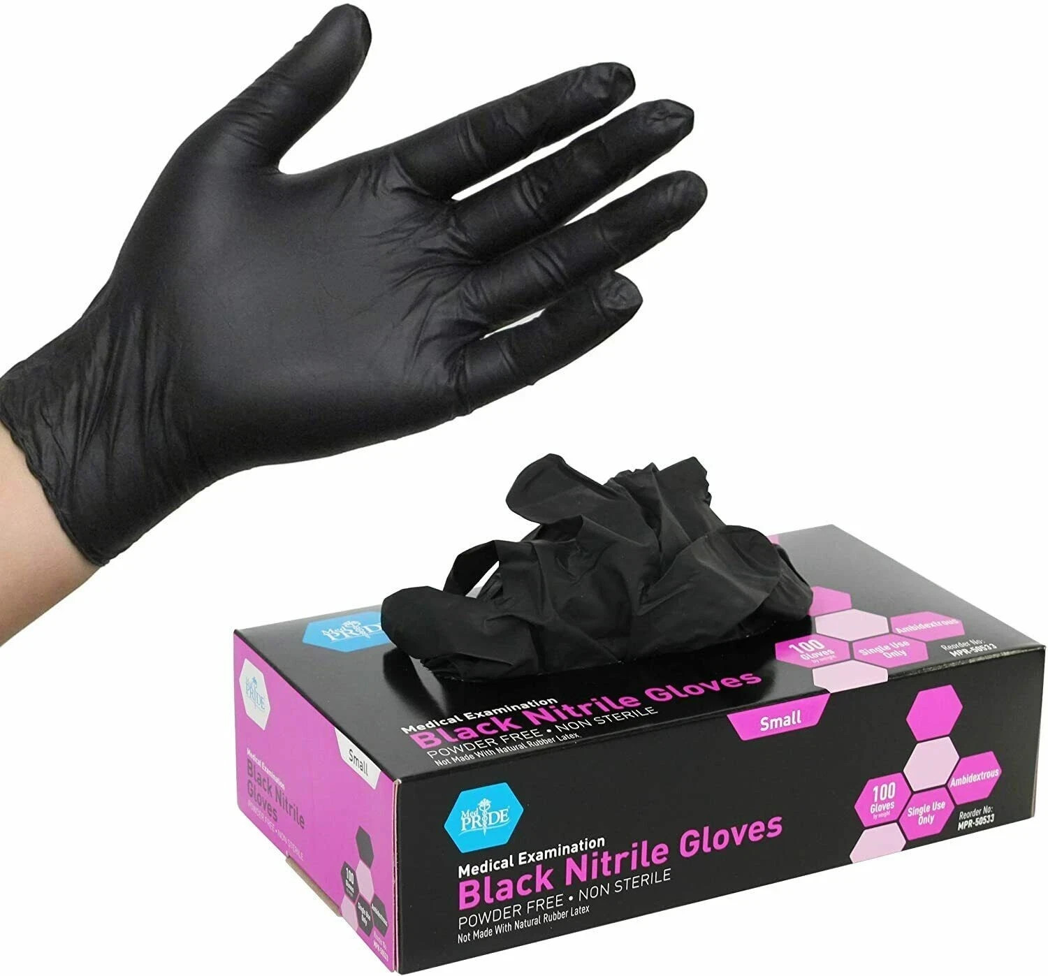 Medpride Nitrile Medical Examination Gloves-Small-Box of 100 Gloves, Black