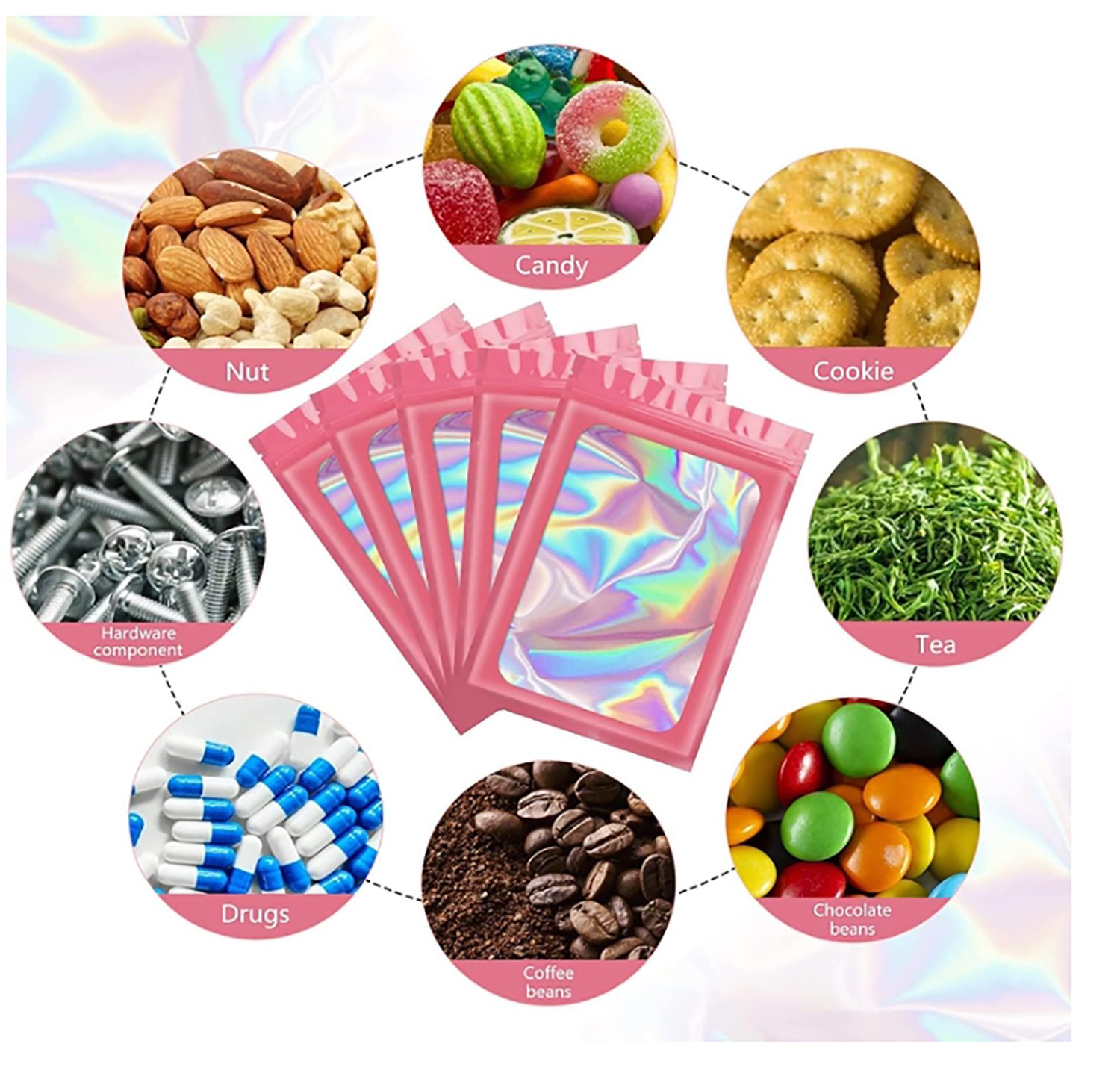 100-200Pcs Resealable Holographic Mylar Foil Bags Smell Proof Zip Seal Pouches