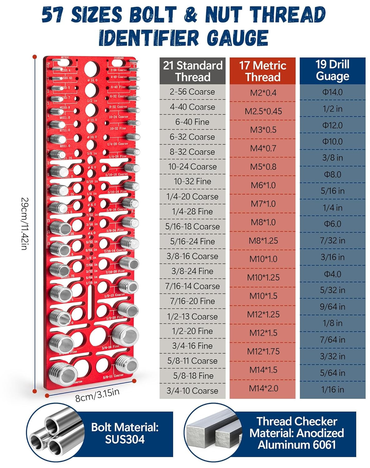 57 Nut and Bolt Thread Checker – Thread Checker Standard and Metric Bolt and Nut