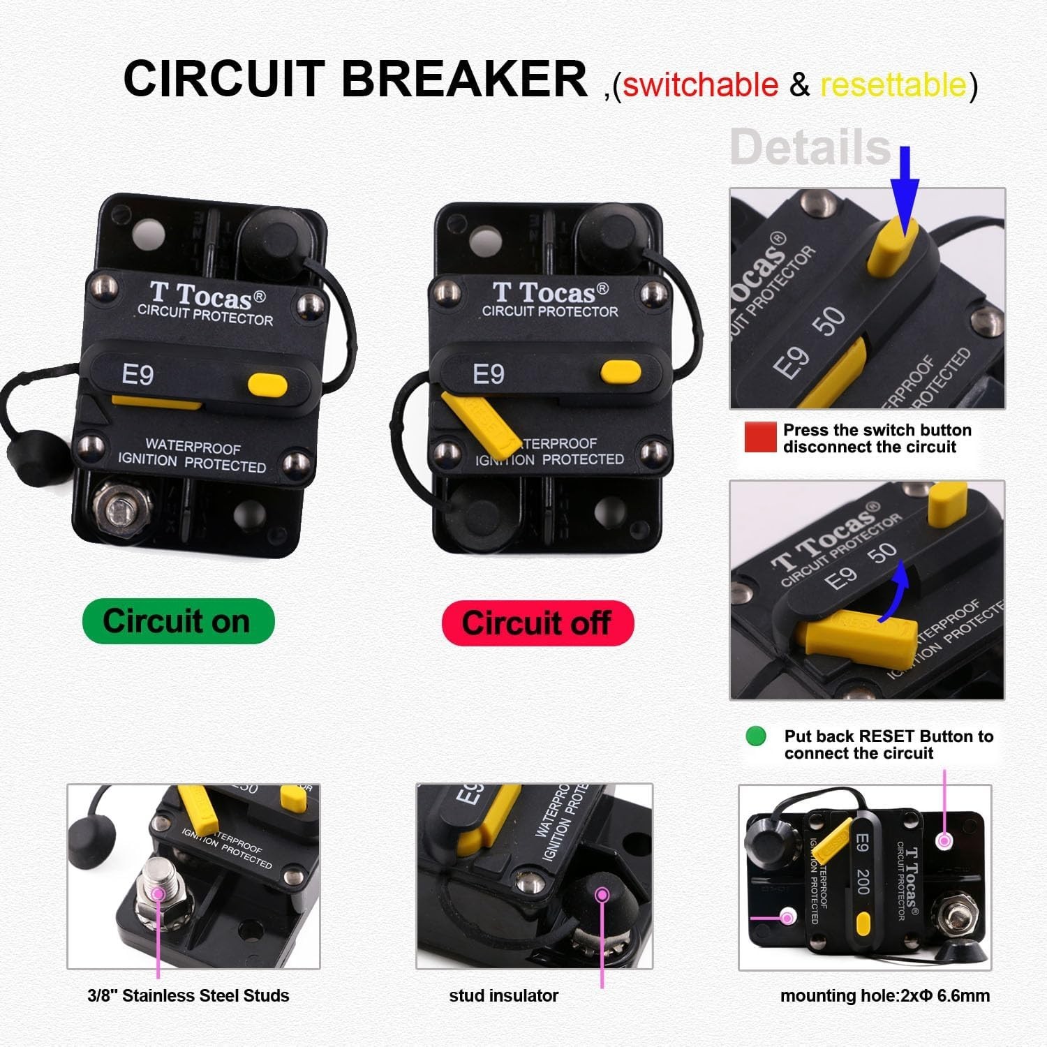 200 Amp Circuit Breaker with Manual Reset 12V48V Dc Waterproof 200A Amp Breakers