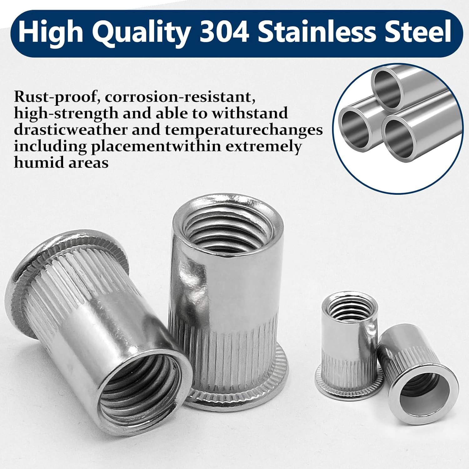 Rivet Nut Assortment Kit, 220 Pcs, Flat Head, 304 Stainless Steel, Various Sizes