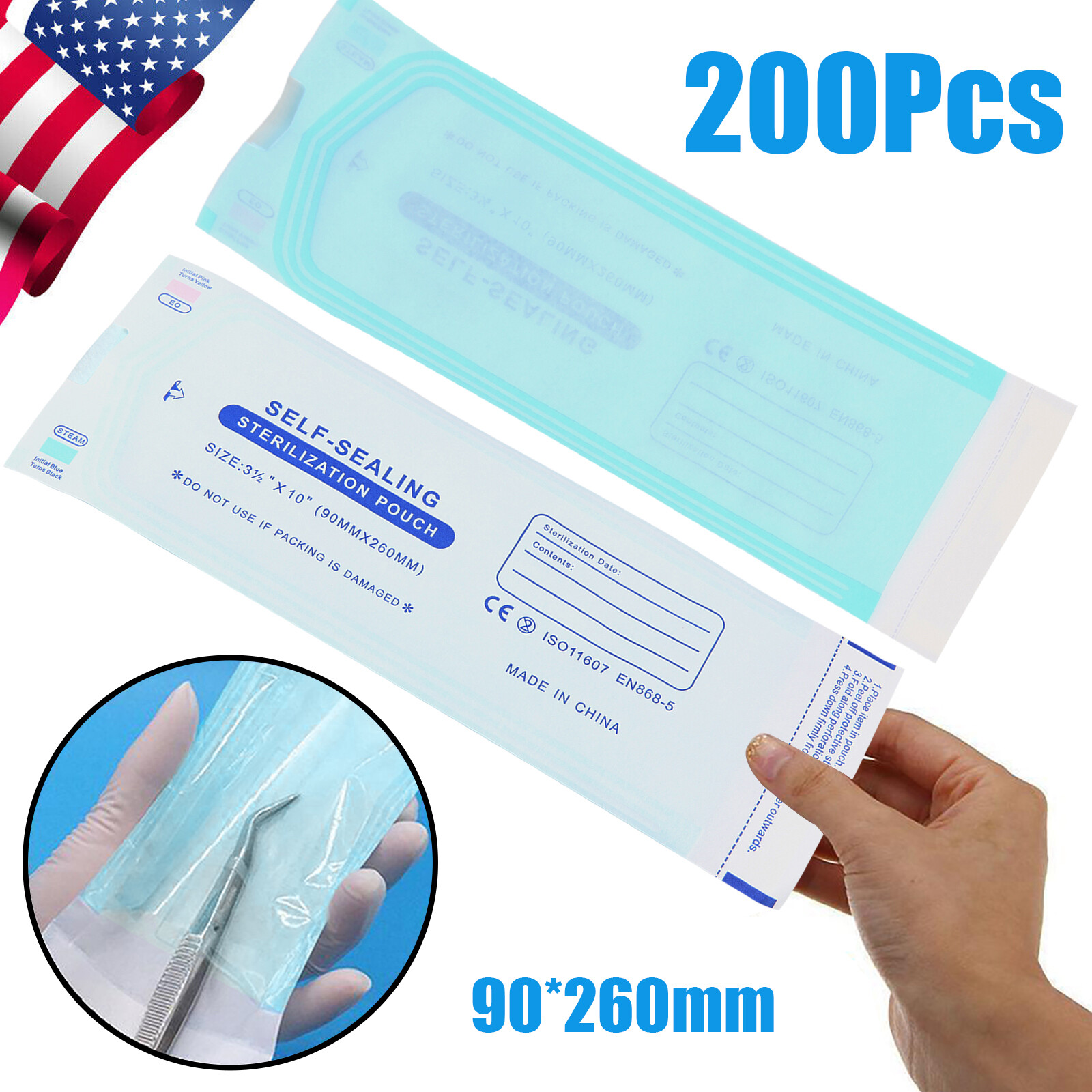 200 3.5″ x 10″ Self-ing Sterilization Pouches for Autoclave SA