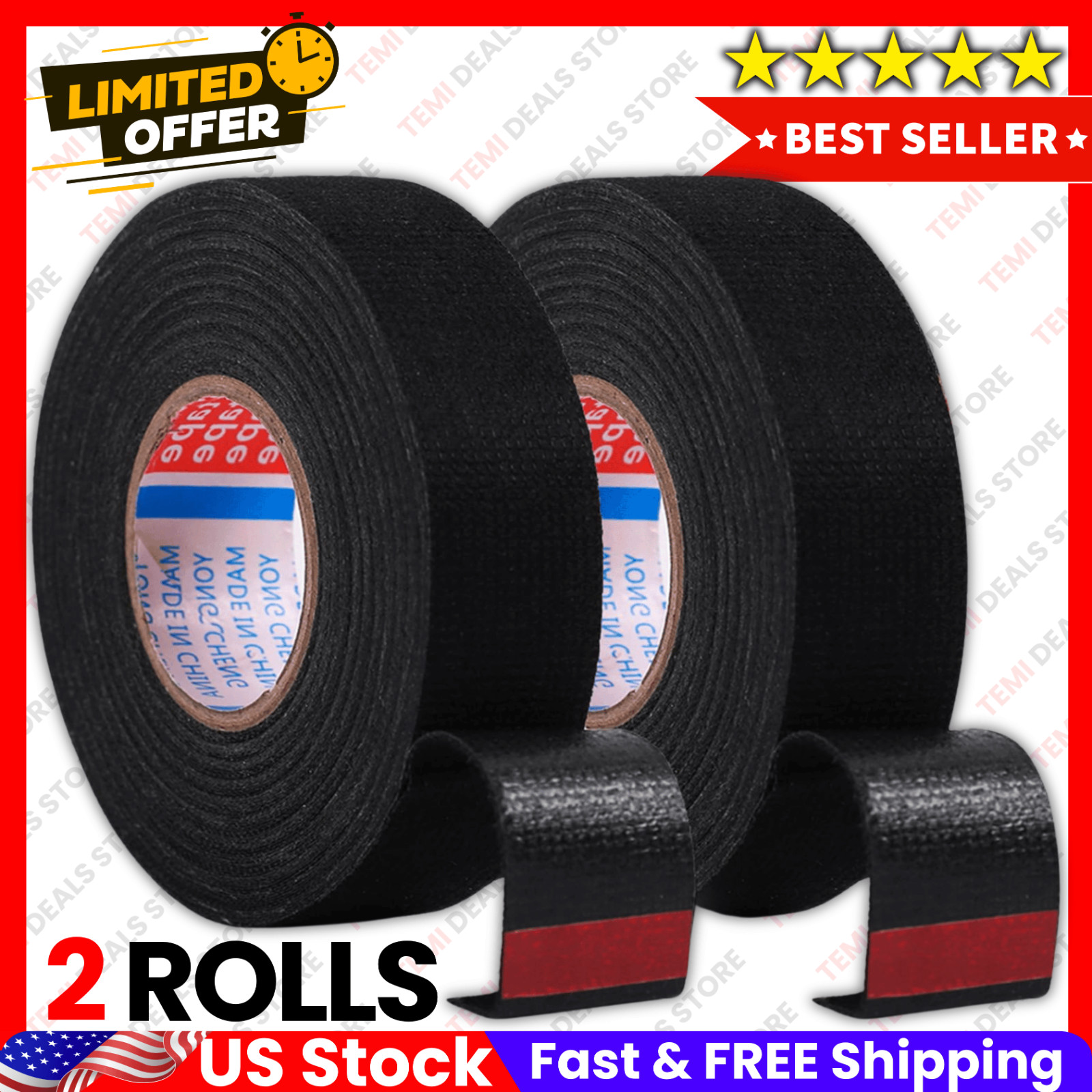 2 Rolls 50Ft Black Wire Harness Cloth Tape Noise Dampening Heat Resistant NEW***