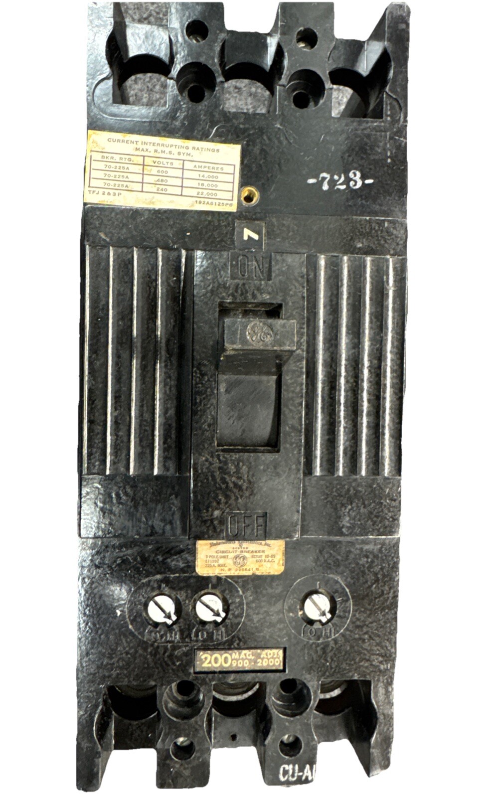 GE General Electric TFJ236200 3 Pole 200 Amp 600V 200a w/Lugs TFJ 900-2000 Trip