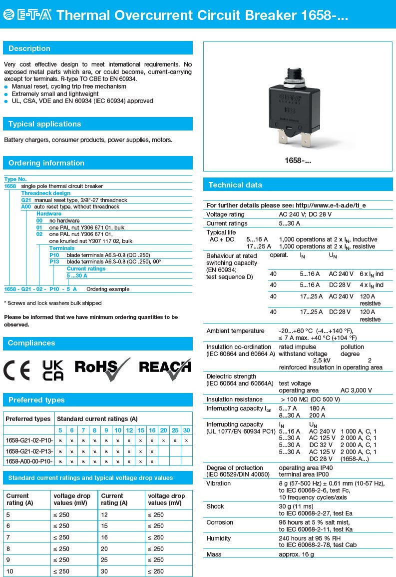 ETA Thermal Circuit Breaker, 1658 Series, 15 A, 1 Pole Push to reset, NEW