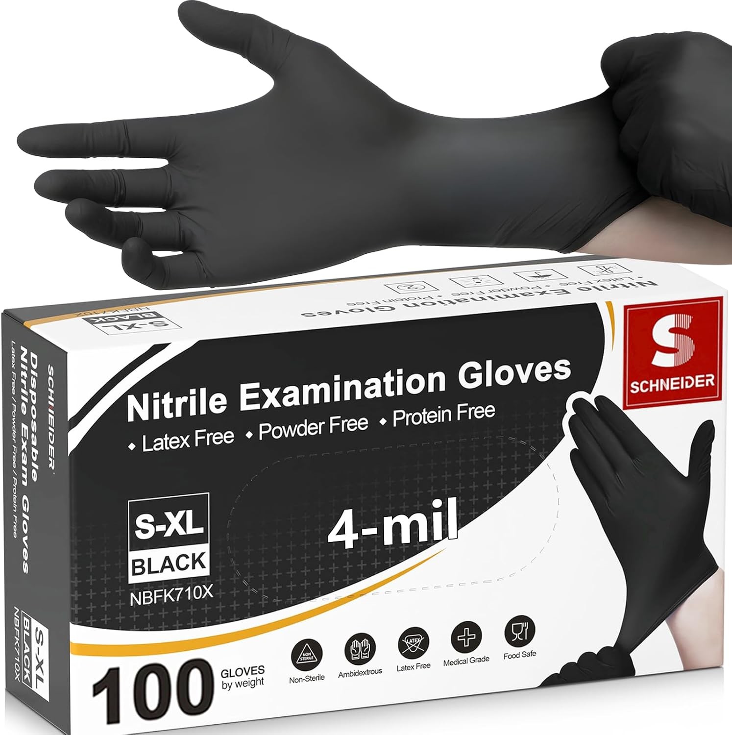 Schneider Nitrile Exam Gloves, 4 Mil Black Gloves Disposable Latex Free Powder F