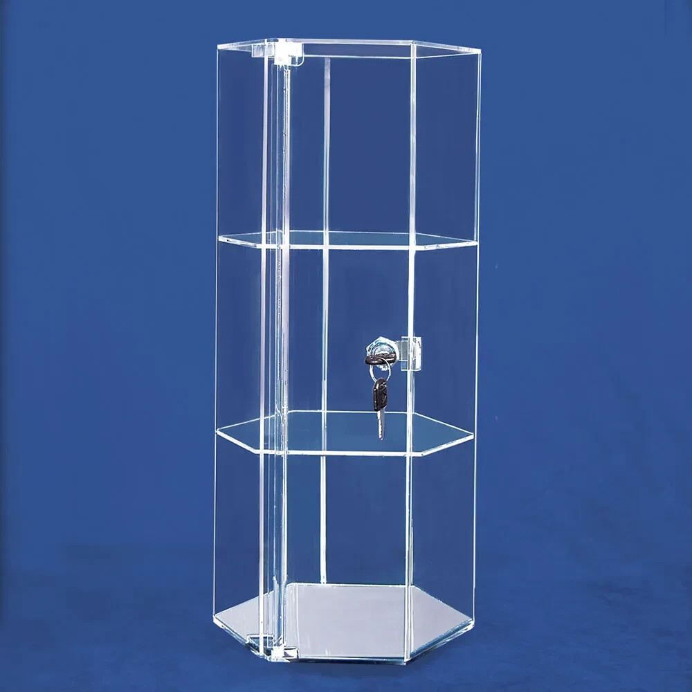 Acrylic Mirror Bottom Rotating Hexagon Display Case 8-1/4″ x 8-1/4″ x 18-7/8″