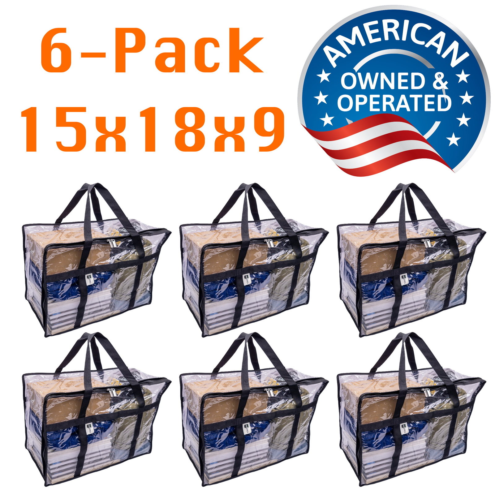 6-Pack Clear Vinyl Moving Storage Bags w Dual Zipper, Handles & ID Insert Pocket