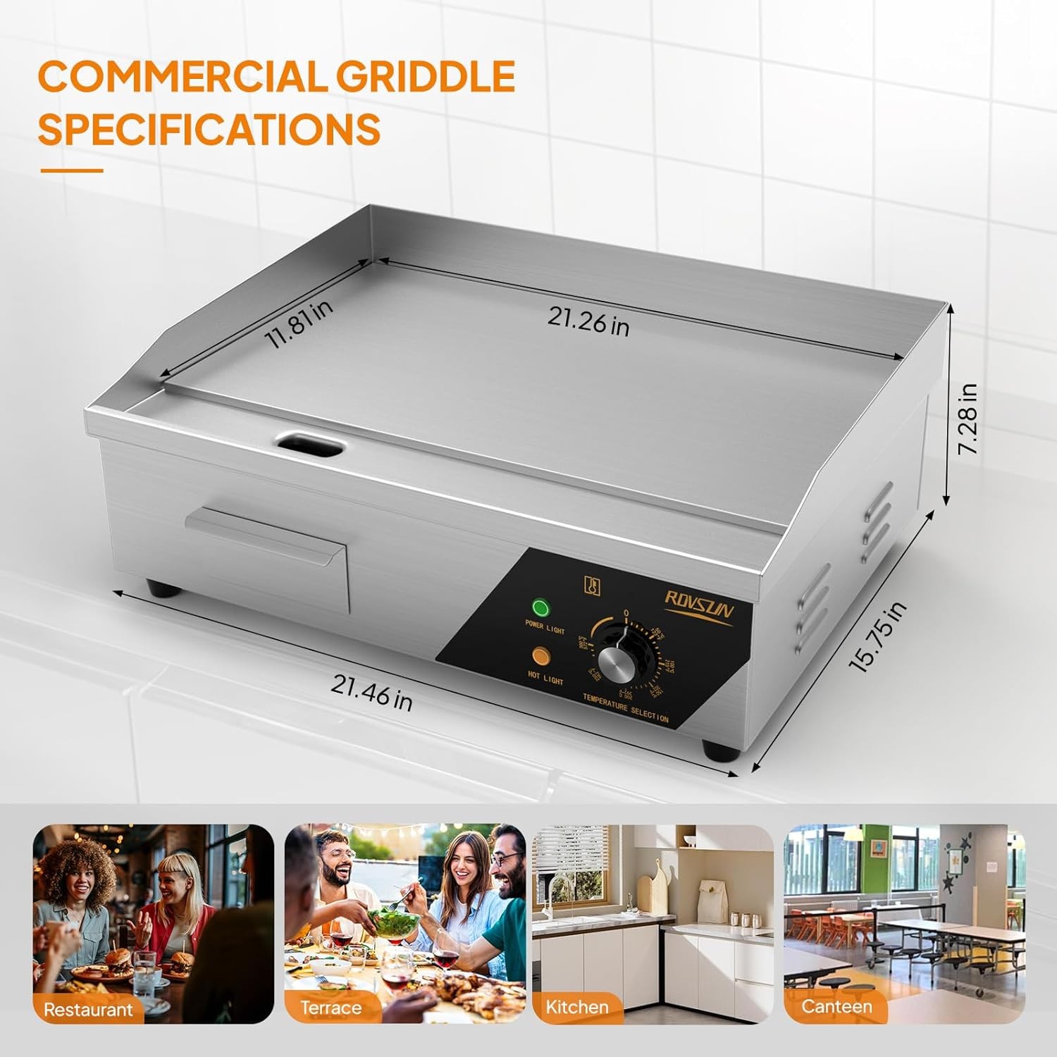 22″ Commercial Electric Countertop Flat Top Griddle, 1600W 110V Electric Griddle