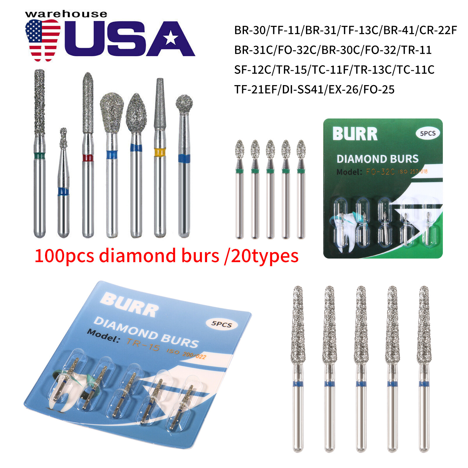 100x Brocas de fresa de diamante para dentista dental Taladro FG 1,6 mm