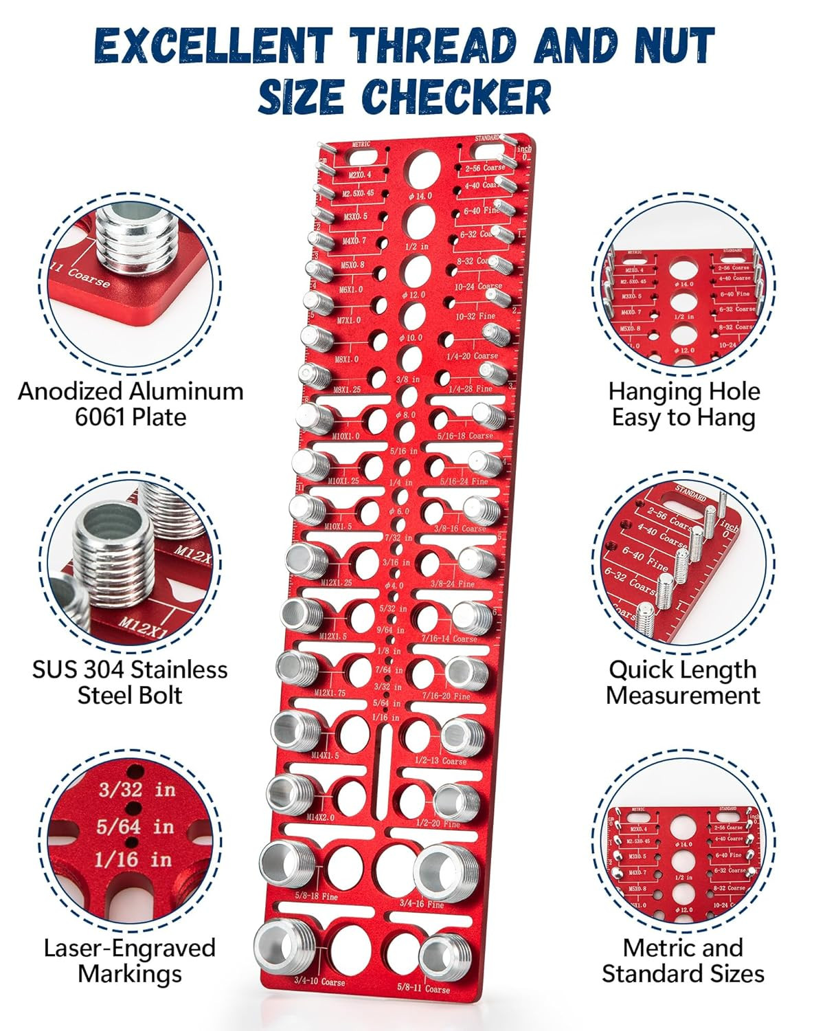 57-Piece Nut & Bolt Thread Checker Standard & Metric Screw Size Gauge with Drill