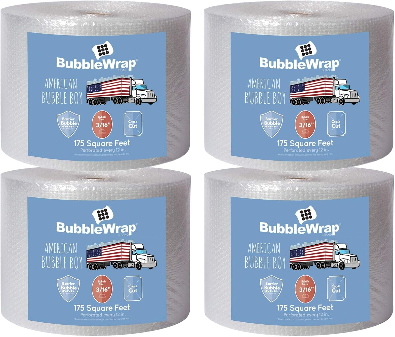 4 large rolls of Bubble Wrap total 700 feet, small bubbles 3/16 cushioning, 700