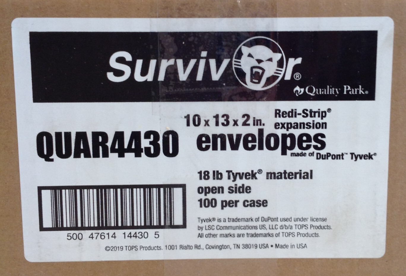 Box of 100 Survivor QUAR4430 Tyvek Expansion Mailers 10 x 13 x 2″ Open Side NEW
