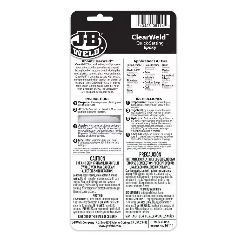 J-B Weld 50114H ClearWeld 0.47 oz. QUICK SET Epoxy Syringe High Strength 5 min