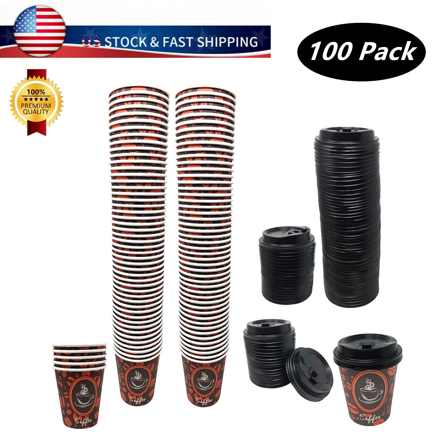 100 Pack Quality Disposable Paper Hot Coffee Tea Cups with Lids- 8oz USA SELLER