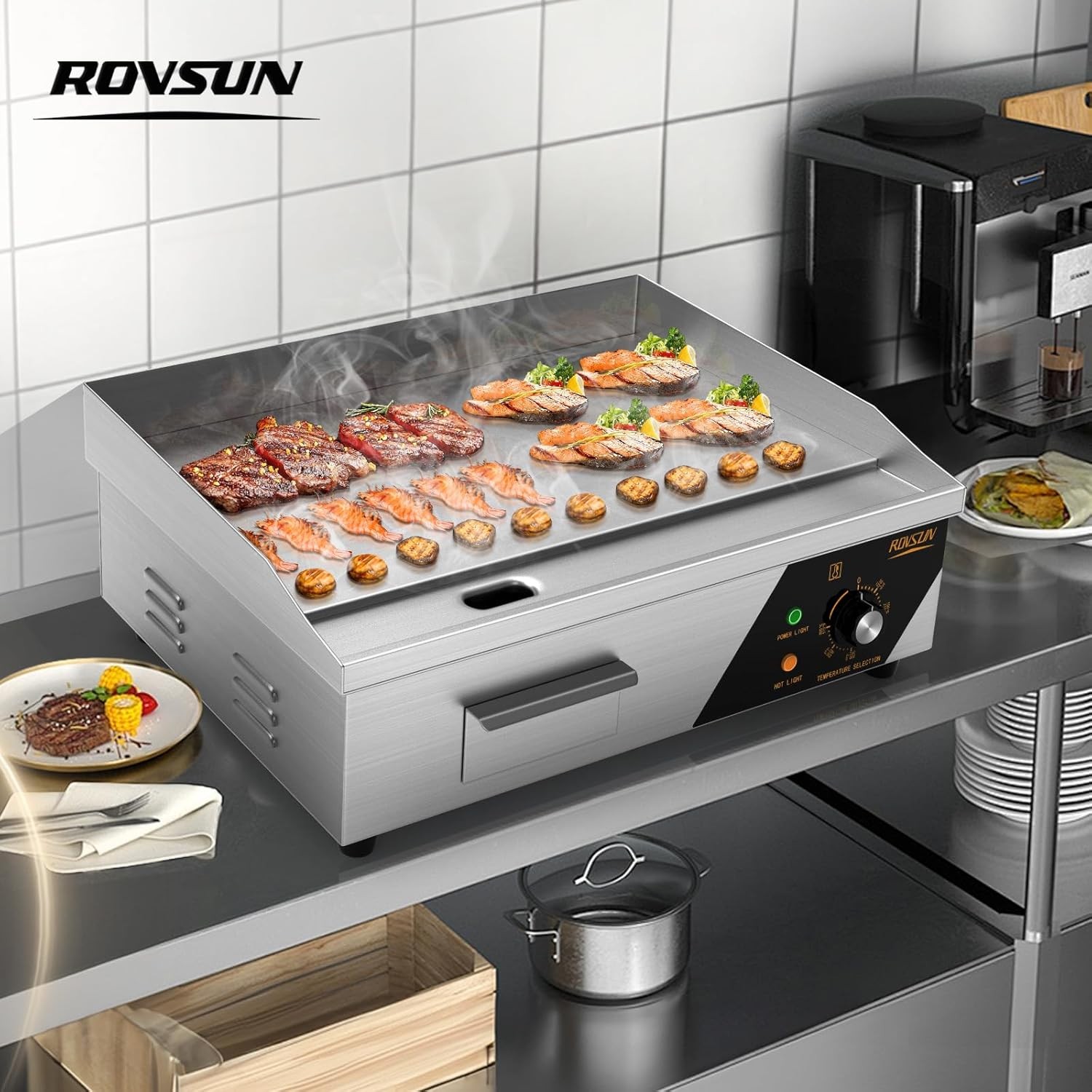 22″ Commercial Electric Countertop Flat Top Griddle, 1600W 110V Electric Griddle