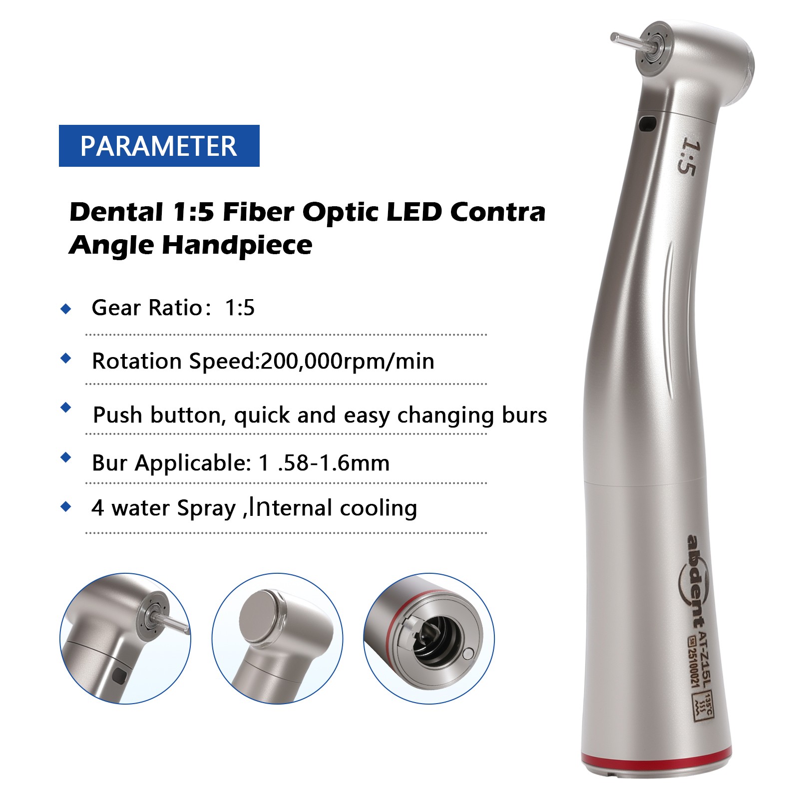 Dental 1:5 LED Contra Angle Handpiece Fiber Optic high speed Electric light USA