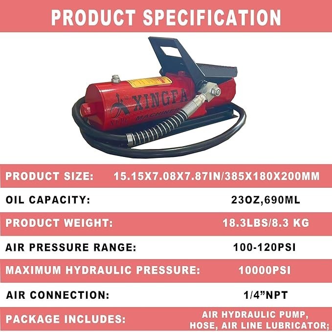 Air Hydraulic Foot Pump: 10,000 PSI, 0.45 Gal, 3/8″NPT Out, 1/4″In Lubricator