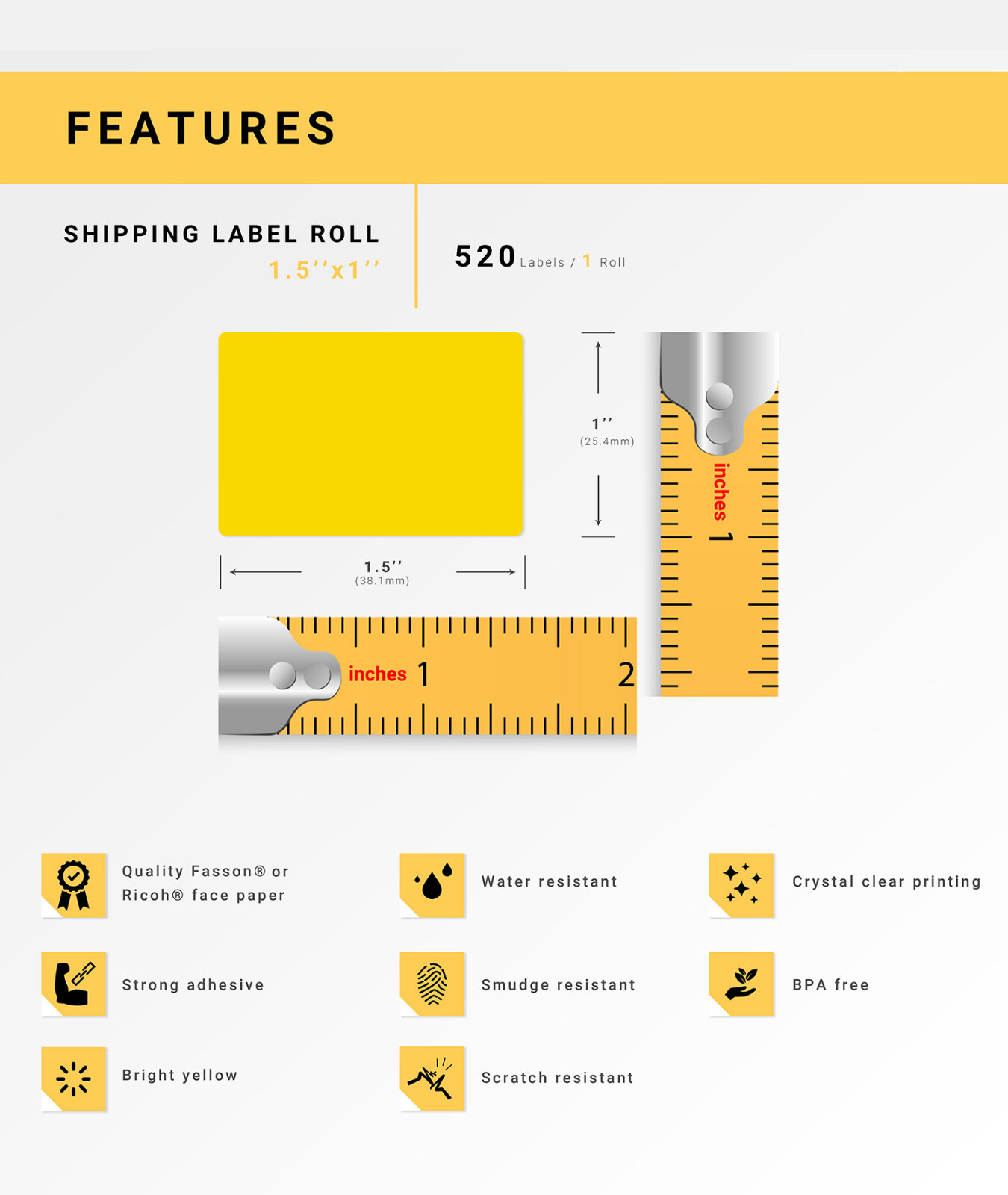 ZEBRA ELTRON 1.5×1 COLOR 1-1/2″ x 1″ YELLOW Direct Thermal Labels 2 Rolls / 520