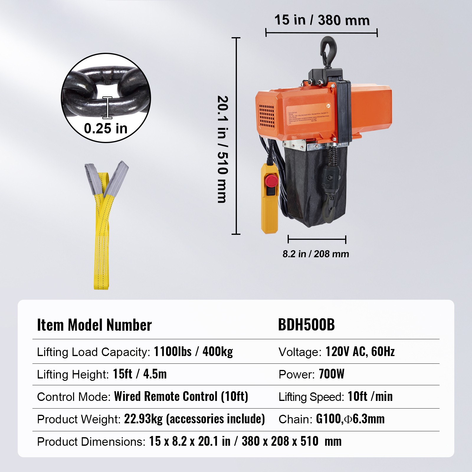 VEVOR Electric Chain Hoist Single Phase Crane Hoist 1100 lbs Load 15 ft Lifting