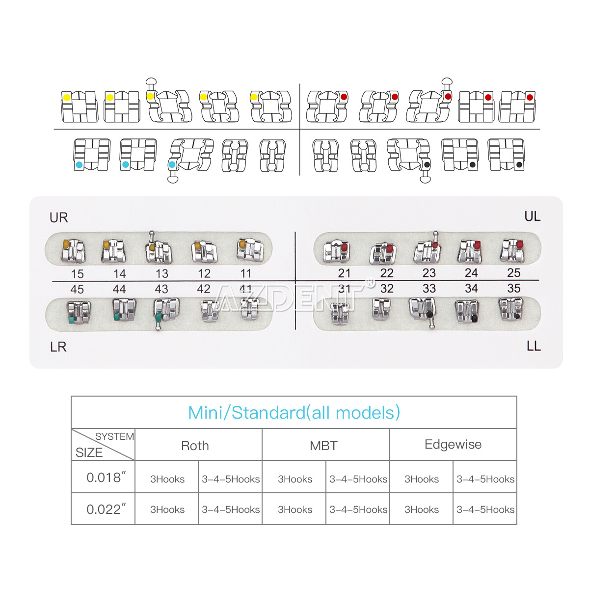 AZDENT Dental Orthodontic Bracket Braces Mini Roth .022 Hooks 3-4-5/ Hooks 3