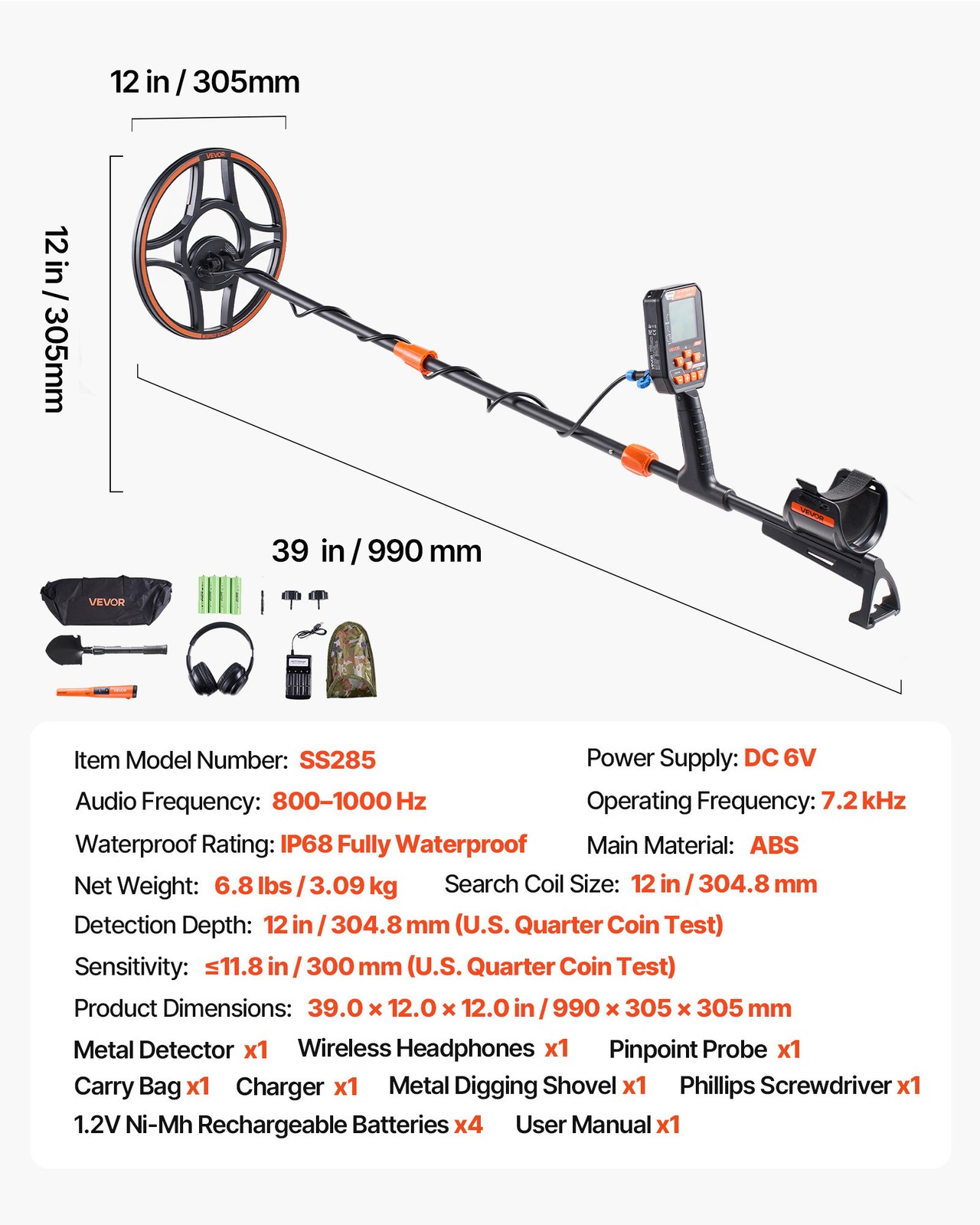 VEVOR Waterproof Metal Detector 12″ Professional Gold Detector for Adults IP68