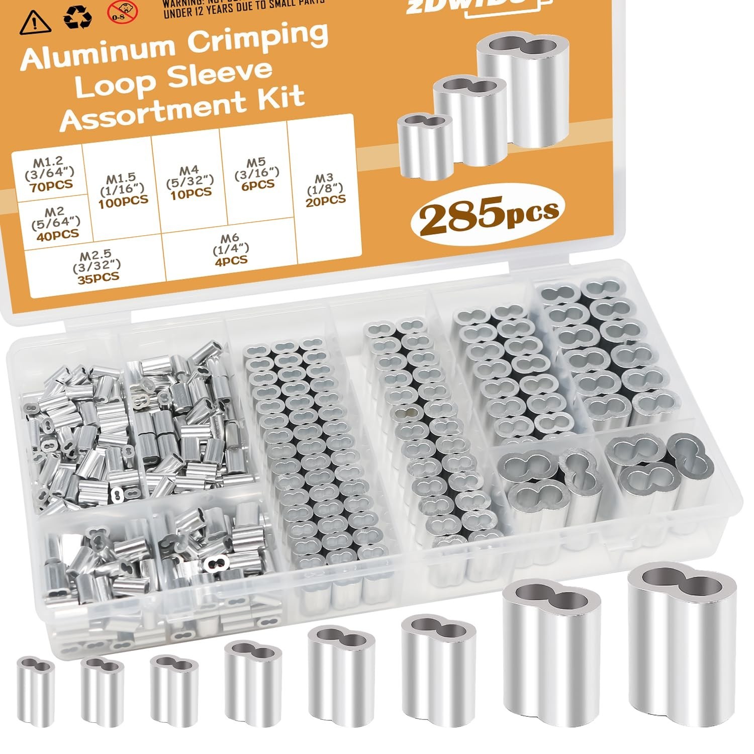 285PCS 8 Sizes Aluminum Crimping Loop Sleeve Cable Crimps, 3/64” 1/16” 5/64”