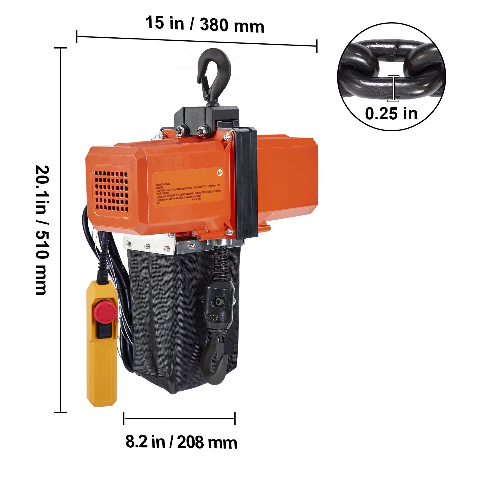 VEVOR Electric Chain Hoist Single Phase Crane Hoist 1100 lbs Load 15 ft Lifting
