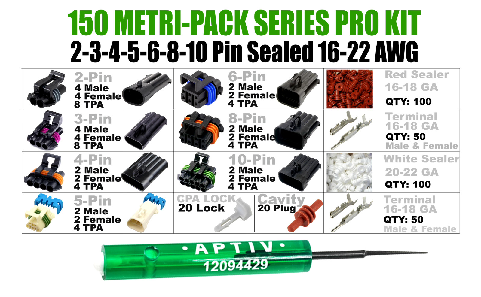 504PCS Metri-Pack 150 Series 2,3,4,5,6,8,10 PIN Connector w/16-22 AWG w/Tool
