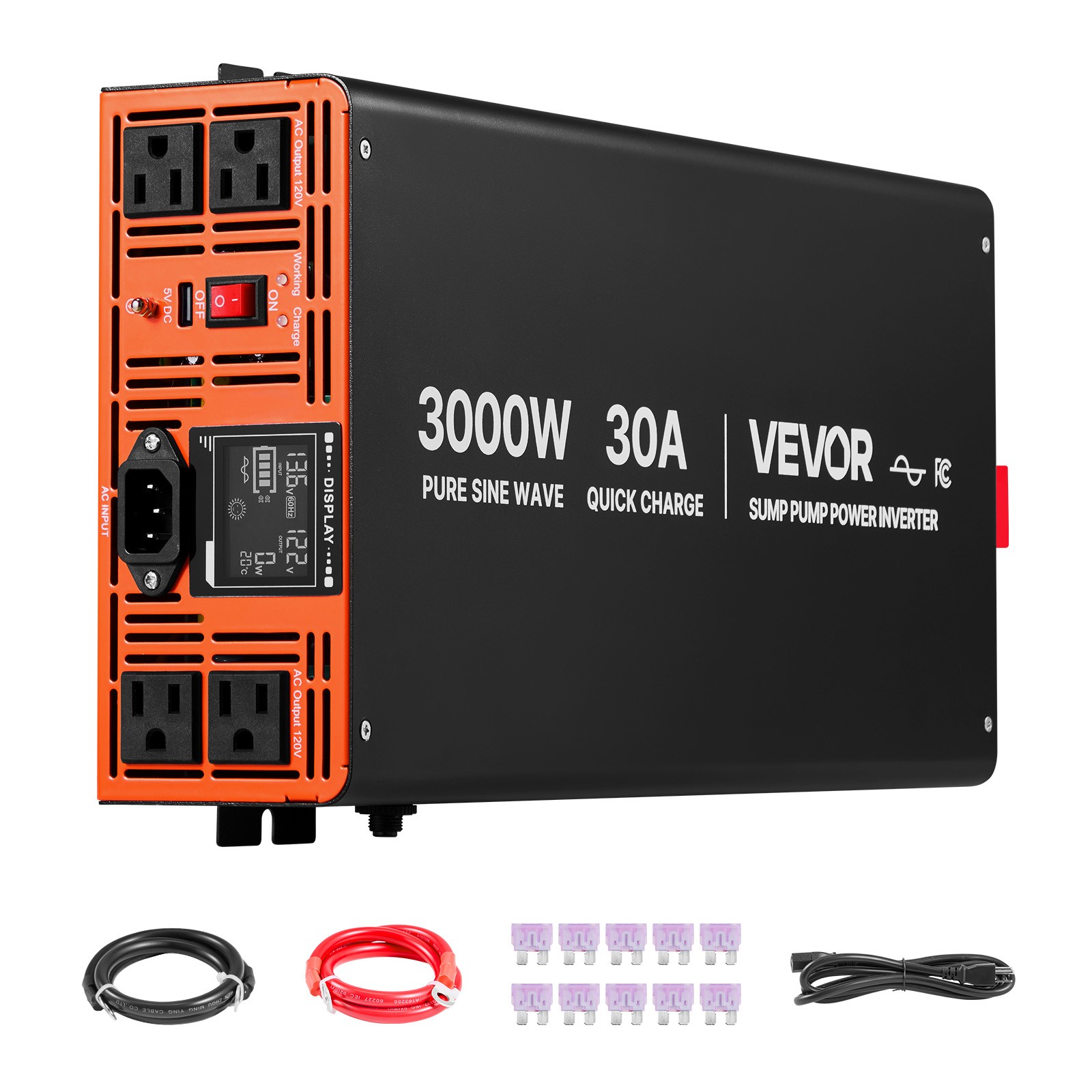 VEVOR 3000W Sump Pump Battery Backup System LCD Pure Sine Wave Power Inverter