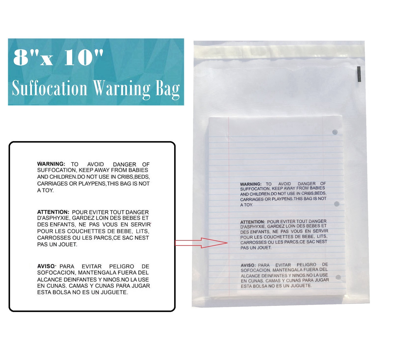 200 8×10 Self Seal Suffocation Warning Clear Poly Bags 1.5 mil Free Shipping