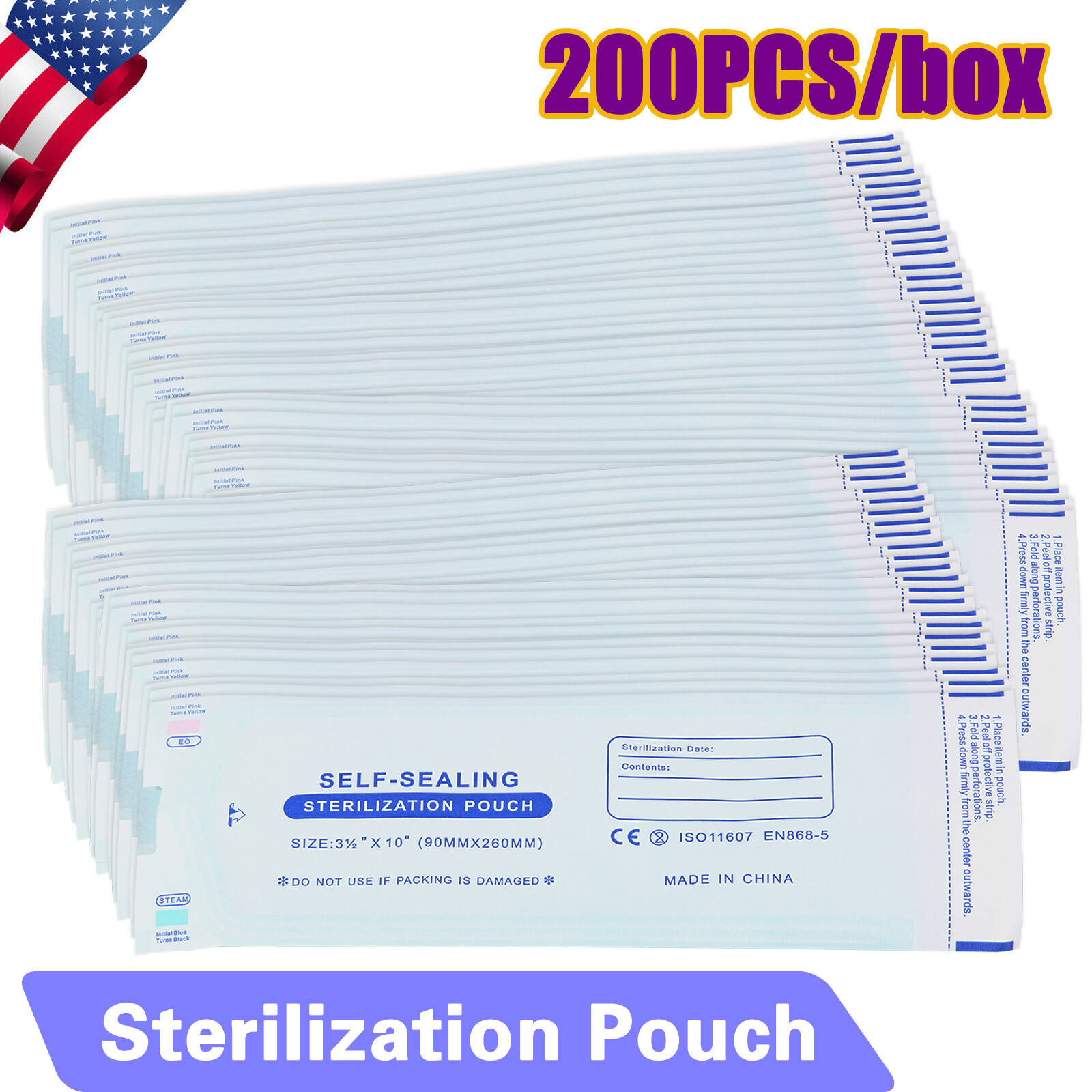 200 3.5″ x 10″ Self-ing Sterilization Pouches for Autoclave SA